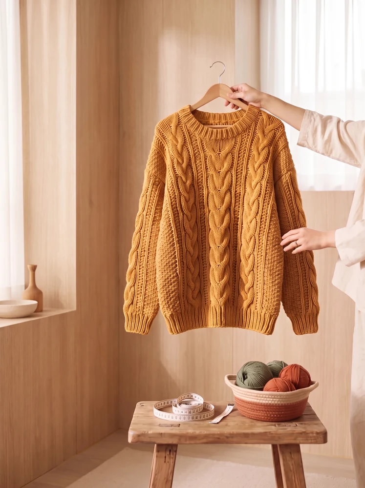 Hořčicový oversize svetr na dřevěném ramínku